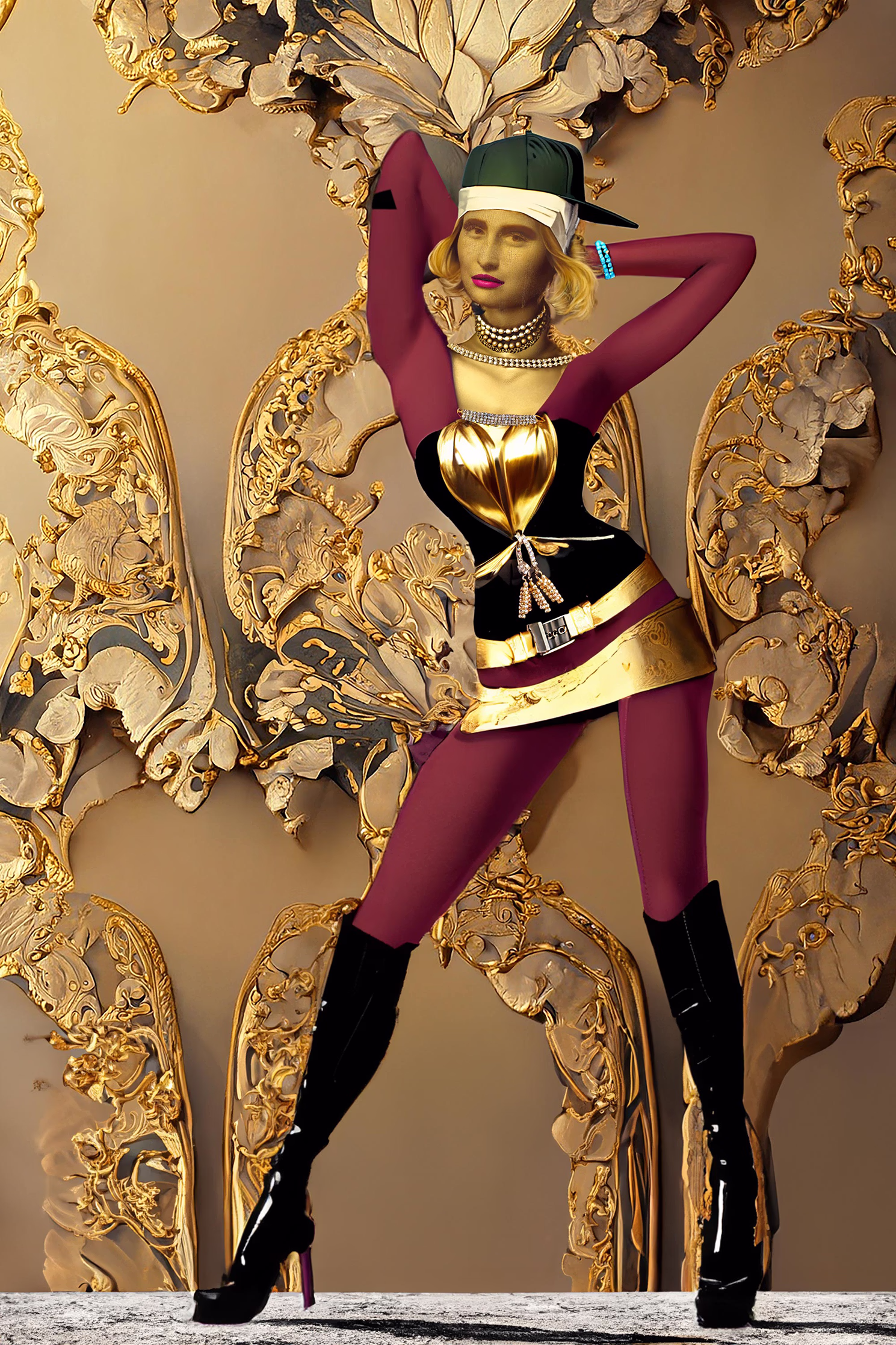 The Mona Lisa reimagined in swanky couture — black latex boots, Persian plum leggings, a gold‑and‑black corset miniskirt, and a statement hat.