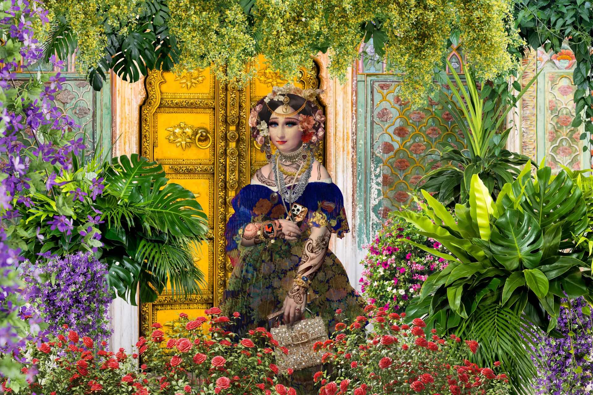 Mona Lisa in a jet-set lifestyle, posing in front of the Peacock Gate at City Palace, Jaipur, India.
