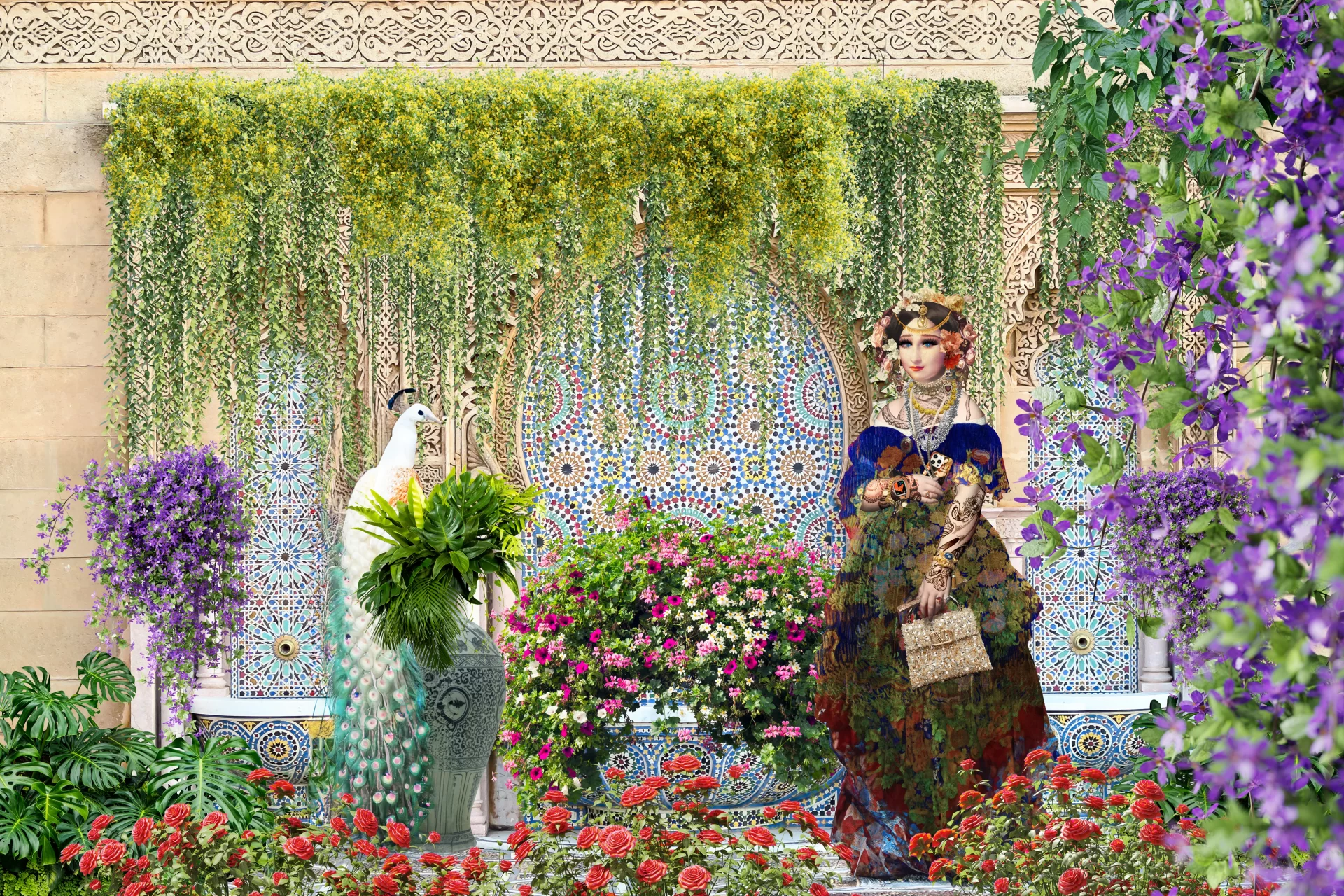 Mona Lisa in the Garden of Hassan II Mosque, Morocco, displayed in golden wooden frame.