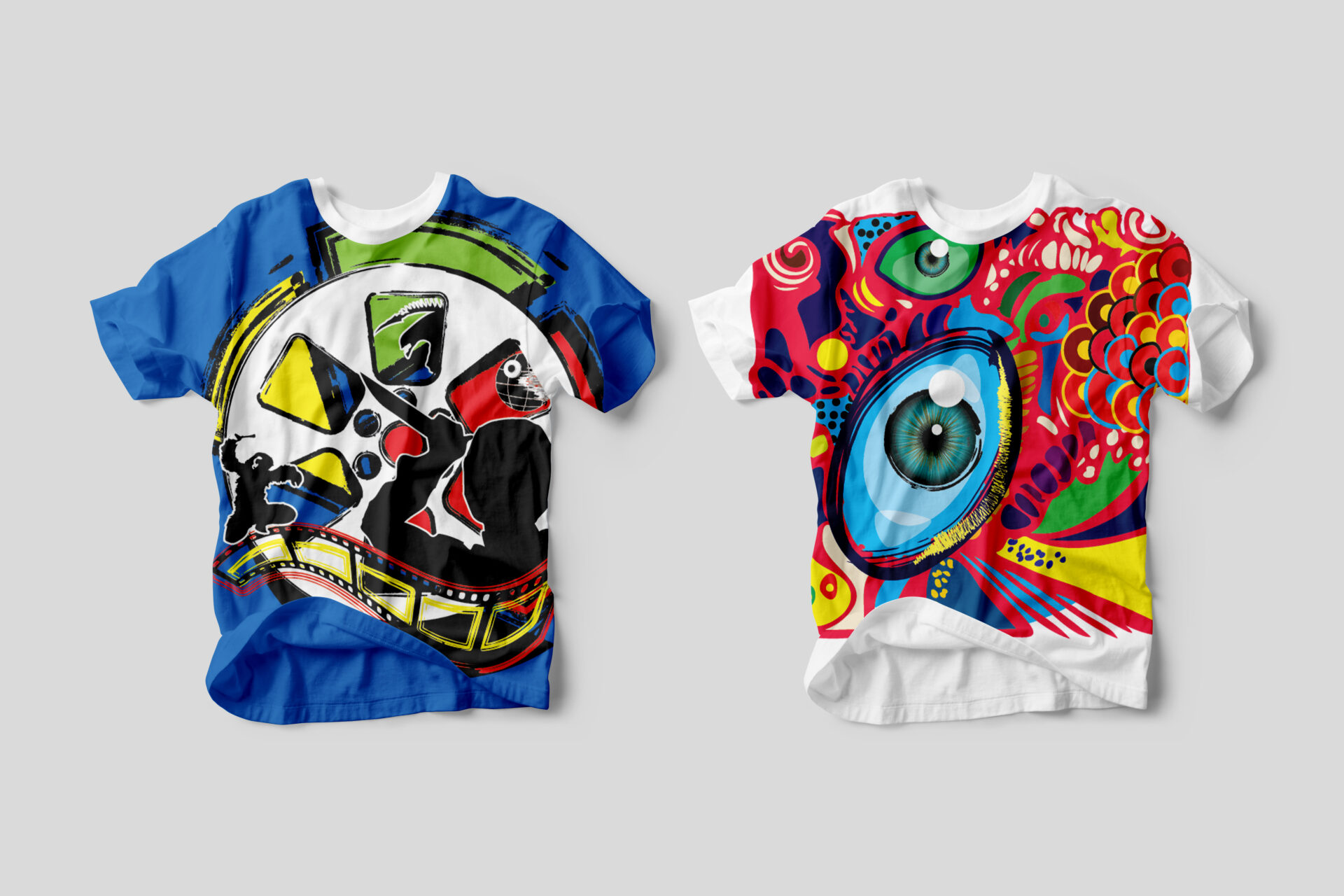 The T-shirt mockups showcase two ideograms representing "cinephile" and "maximalist."