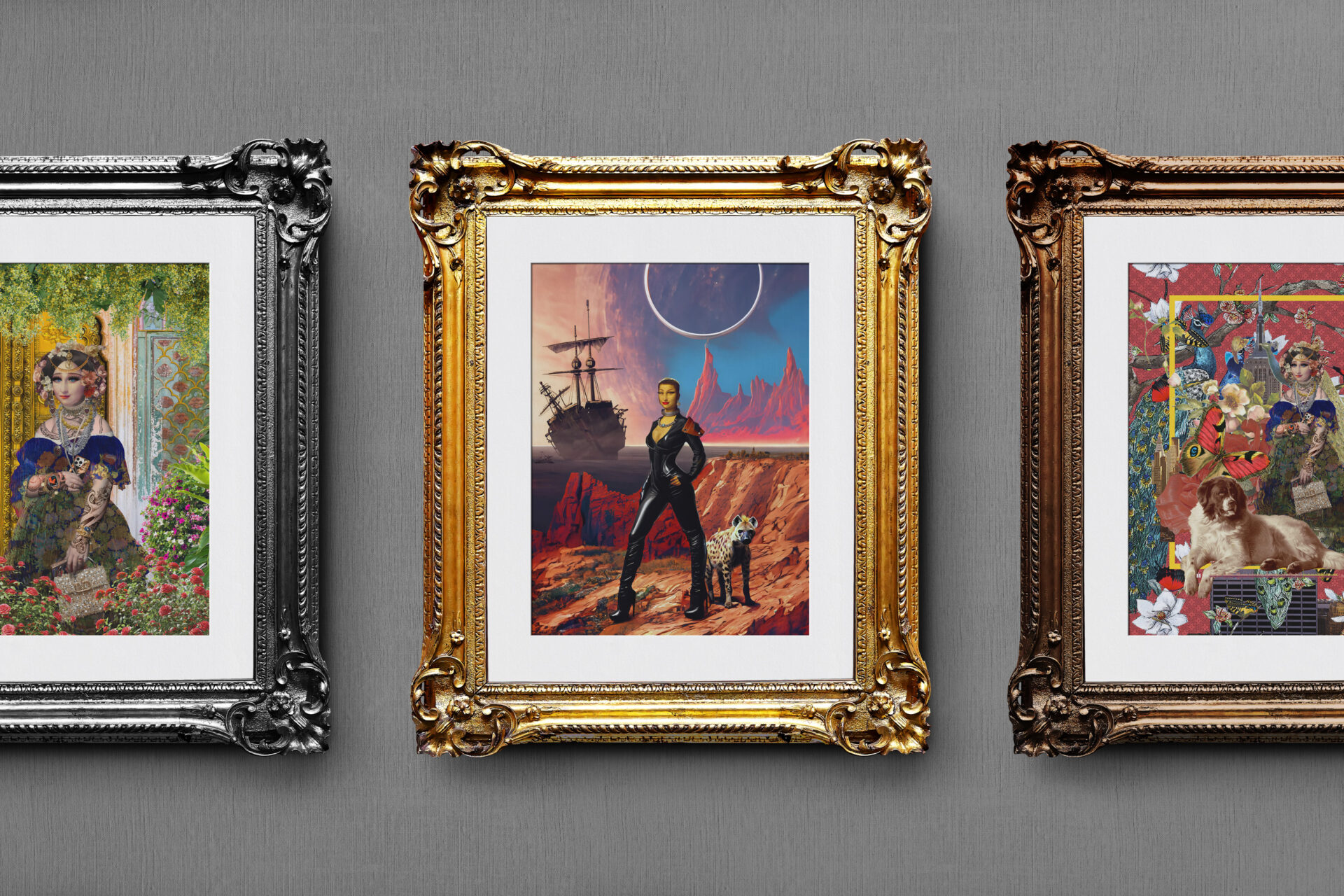 Three Photomontages of Mona Lisa in Different Settings and Costumes.