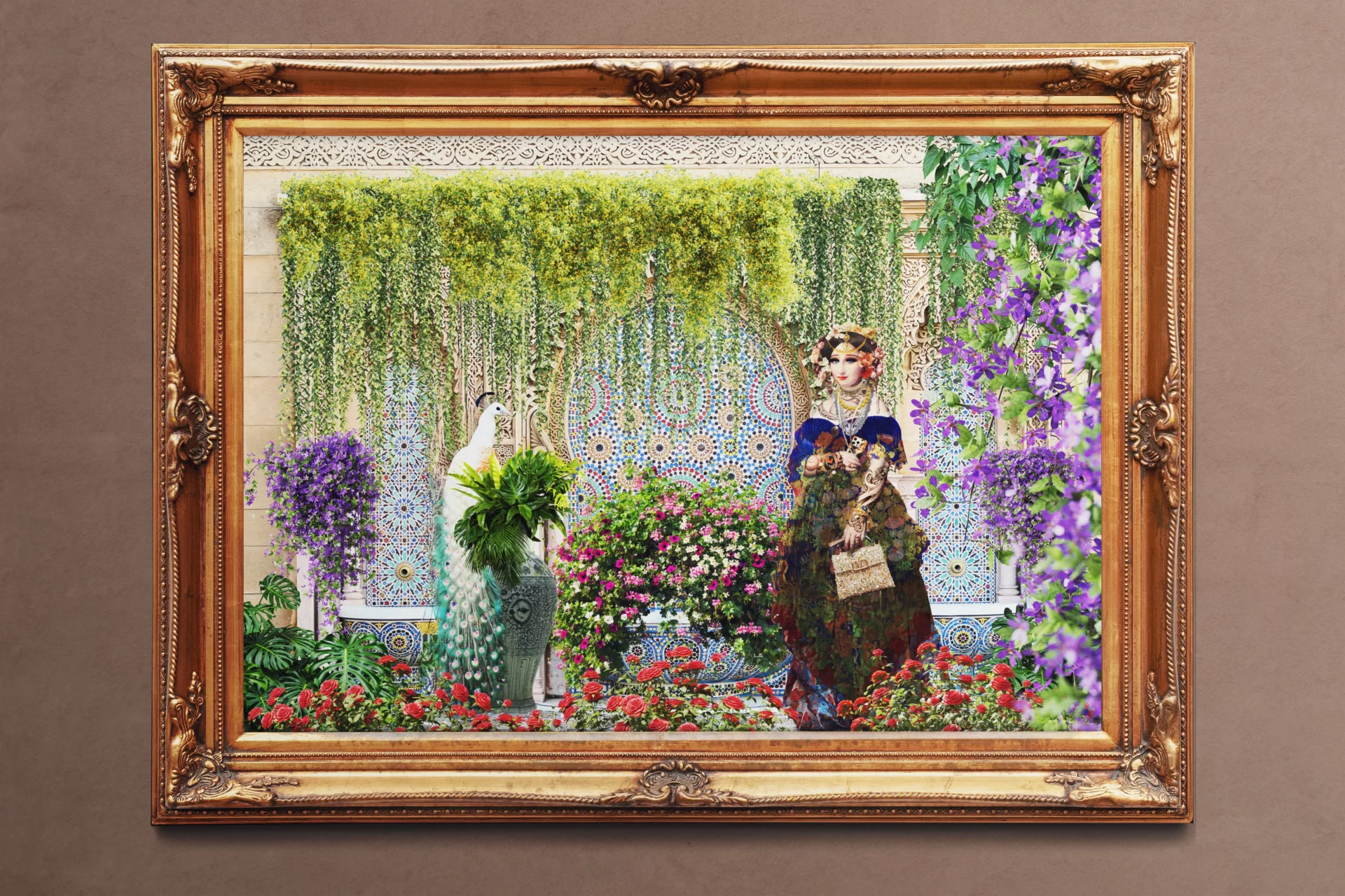 Mona Lisa in the Garden of Hassan II Mosque, Morocco, displayed in golden wooden frame.