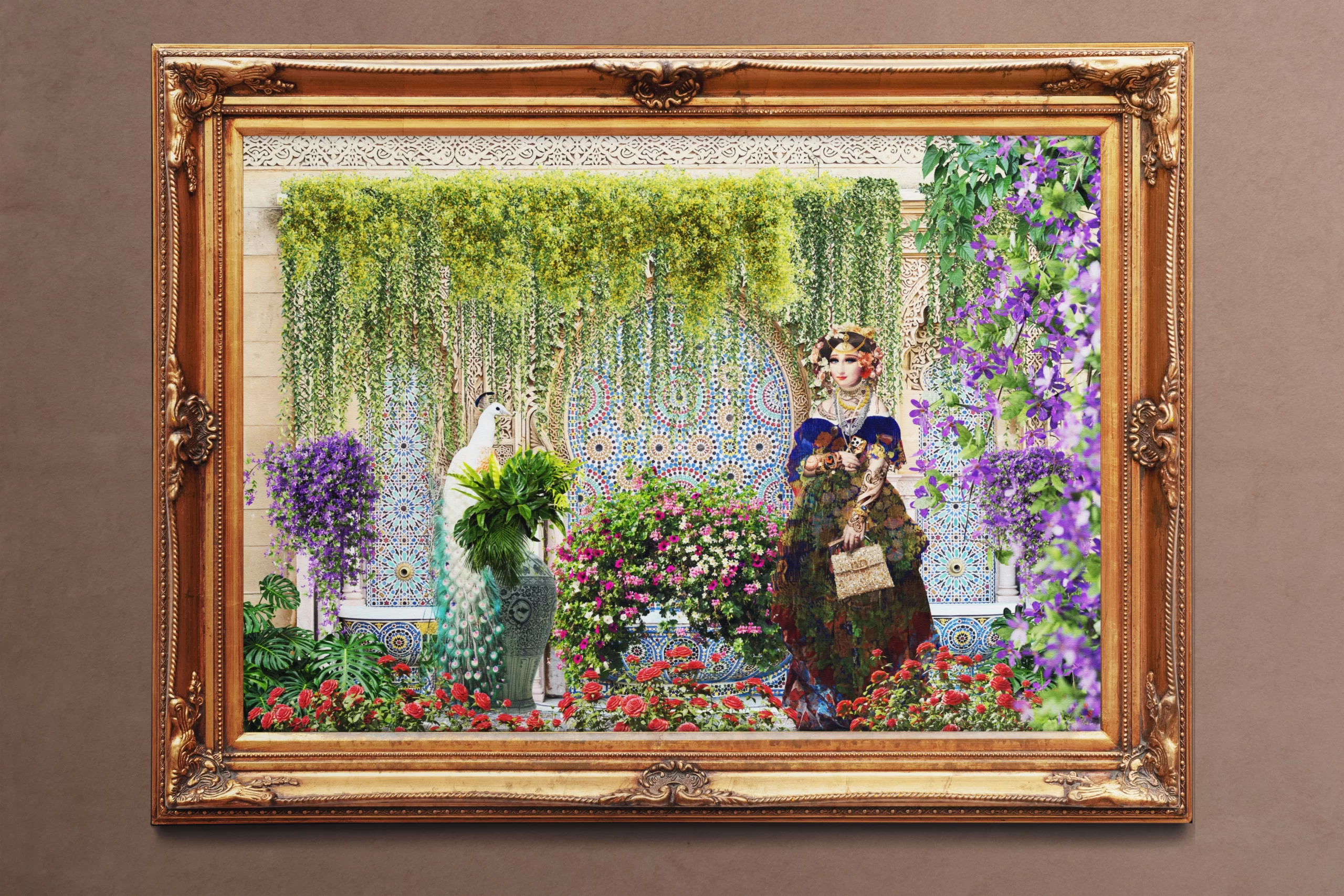 Mona Lisa in the Garden of Hassan II Mosque, Morocco, displayed in golden wooden frame.