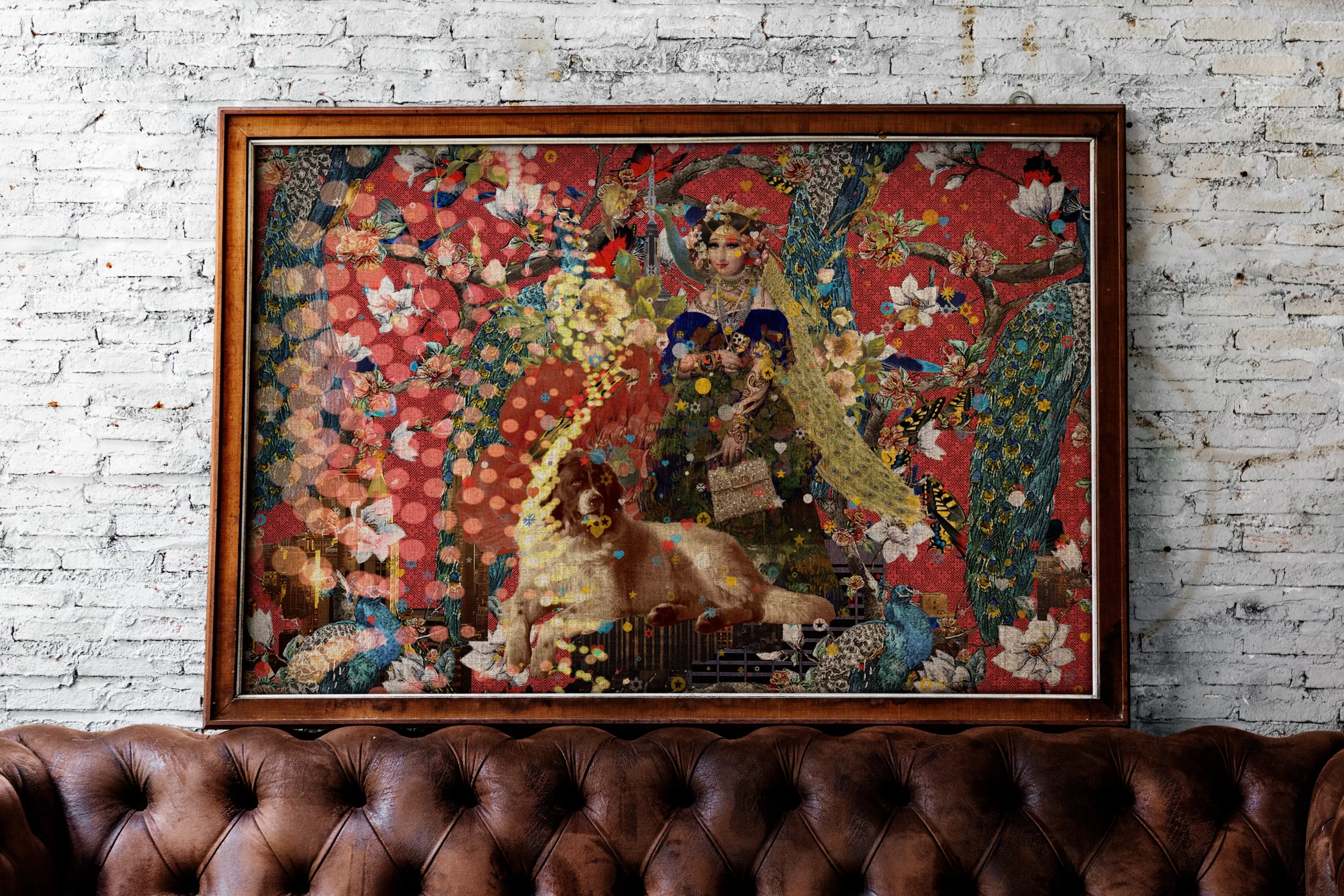 Mona Lisa accompanied by a dog, framed in a living room