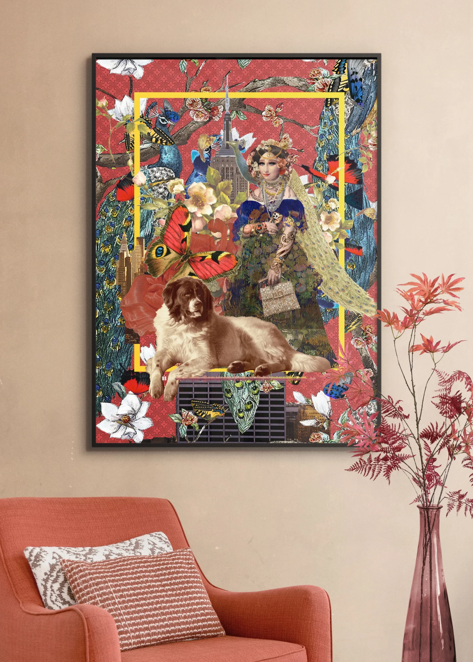 Mona Lisa and a dog, displayed in a cozy living room.