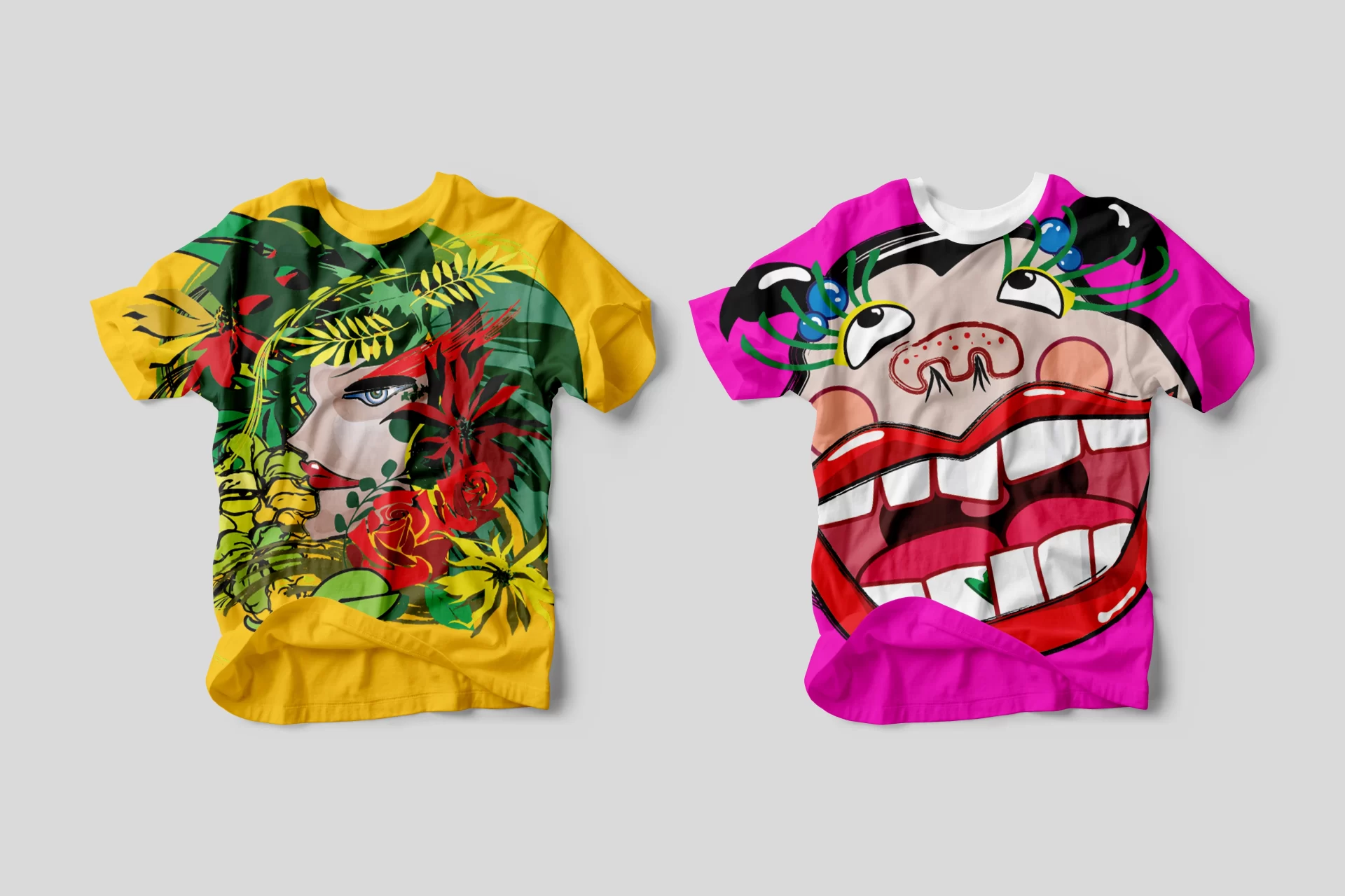 The T-shirt mockups showcase two ideograms representing "humorous" and "naturalist."
