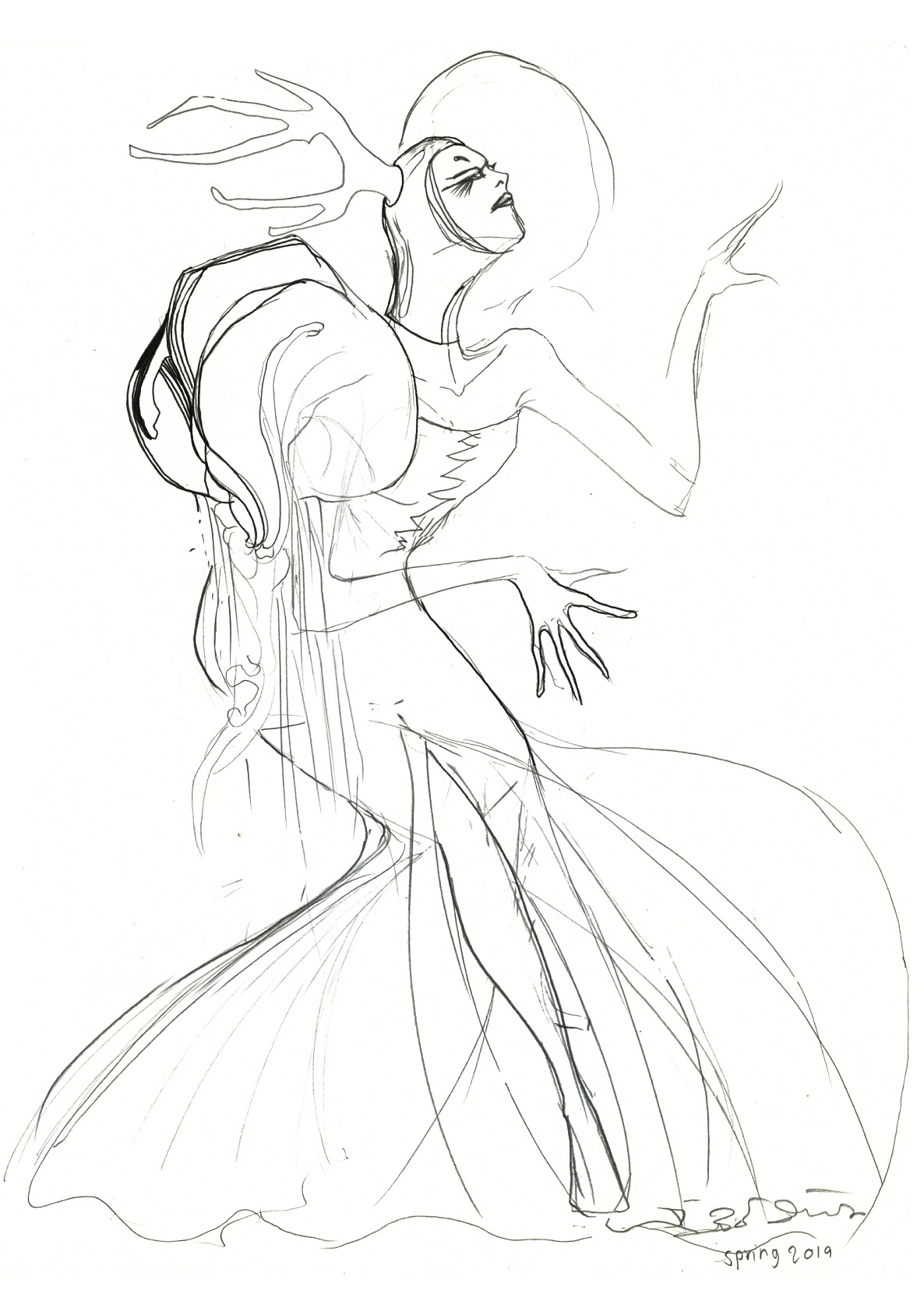 This fashion sketch features voluminous shoulders embellished with jewels, beads, and pearls. Pearls have become one of my favorite elements, frequently used in my sculptural artwork. The dress is envisioned with chiffon to enhance its ethereal aesthetic. The antler headpiece, along with tentacles, adds to the look’s elusive, otherworldly quality.