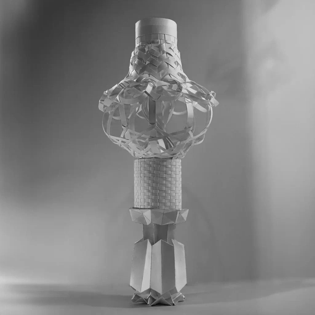 The Elysian Family are 5 sculptures made of paper inspired by Richard Serra's 1967 "Verb List" concept.