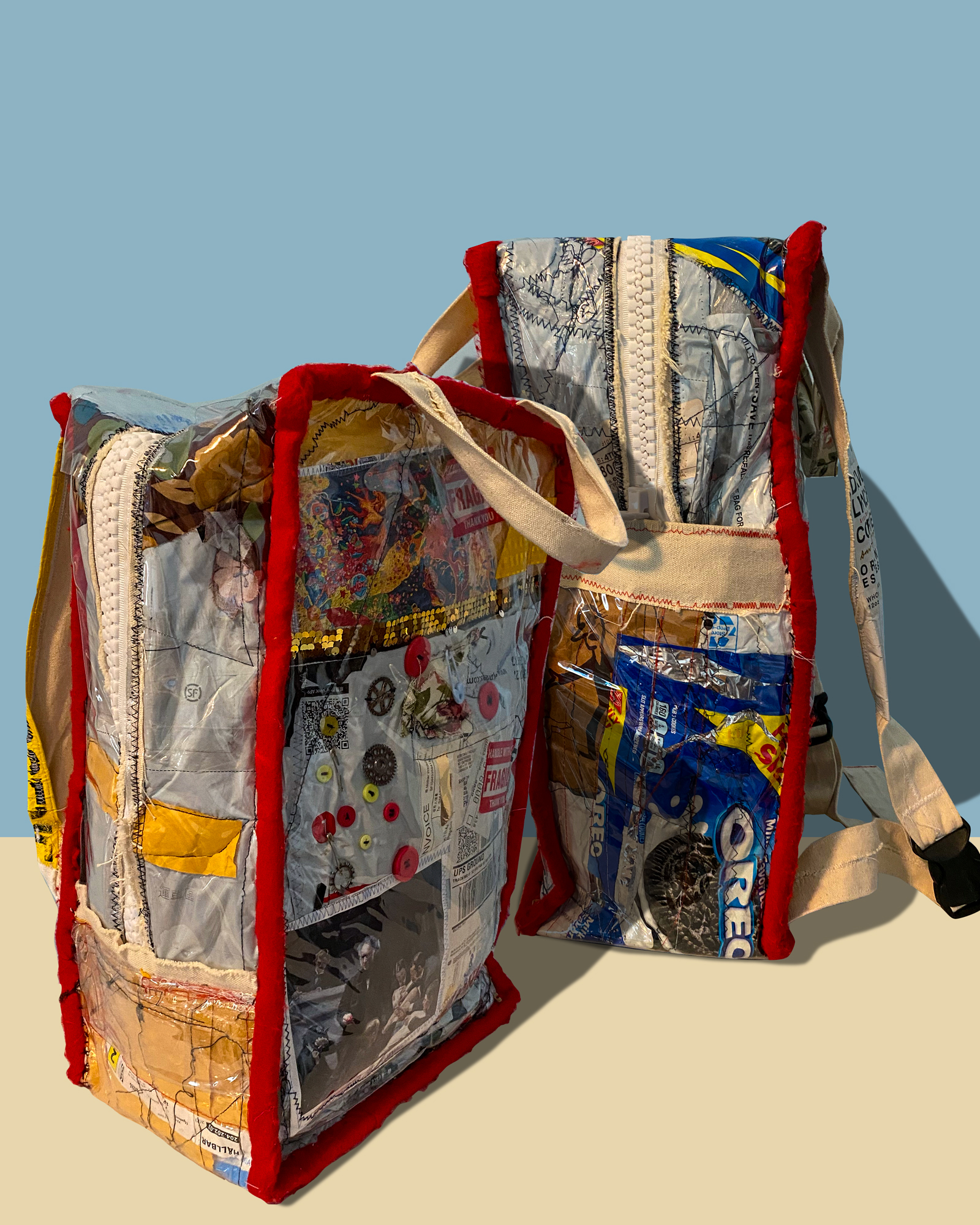 This backpack is crafted from unwanted mail packages and structured in a collage-like manner reminiscent of Dadaism. Its design not only addresses the issue of overconsumption but also highlights the urgent concern of ocean pollution.