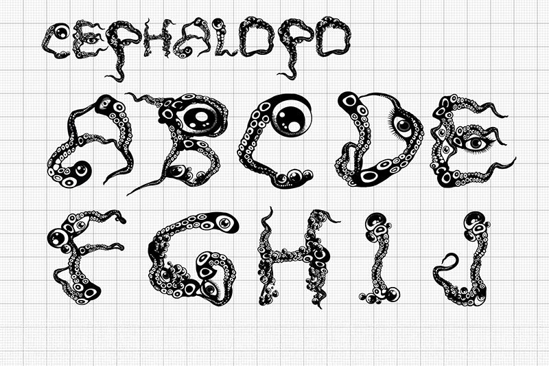 Cephalopo Type is inspired by the mysterious and astonishing tentacles of the octopus, one of my favorite biomorphic and organic elements in nature.