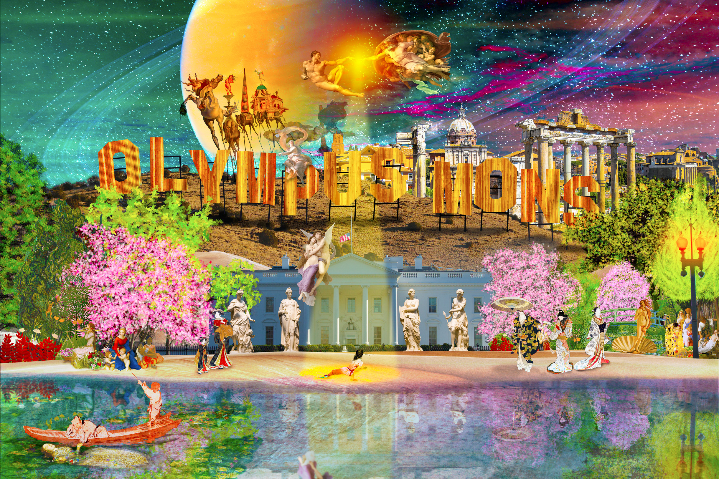 I visited the Roman Forum in Rome, Italy, in 2014 and the White House in Spring 2018, and I reimagined these places as the realm of Olympus, where all the Greek gods reside. I titled this large collage "Olympus Mons." By integrating various public domain masterpieces, I aimed to create a Renaissance-inspired painting from a fresh perspective.