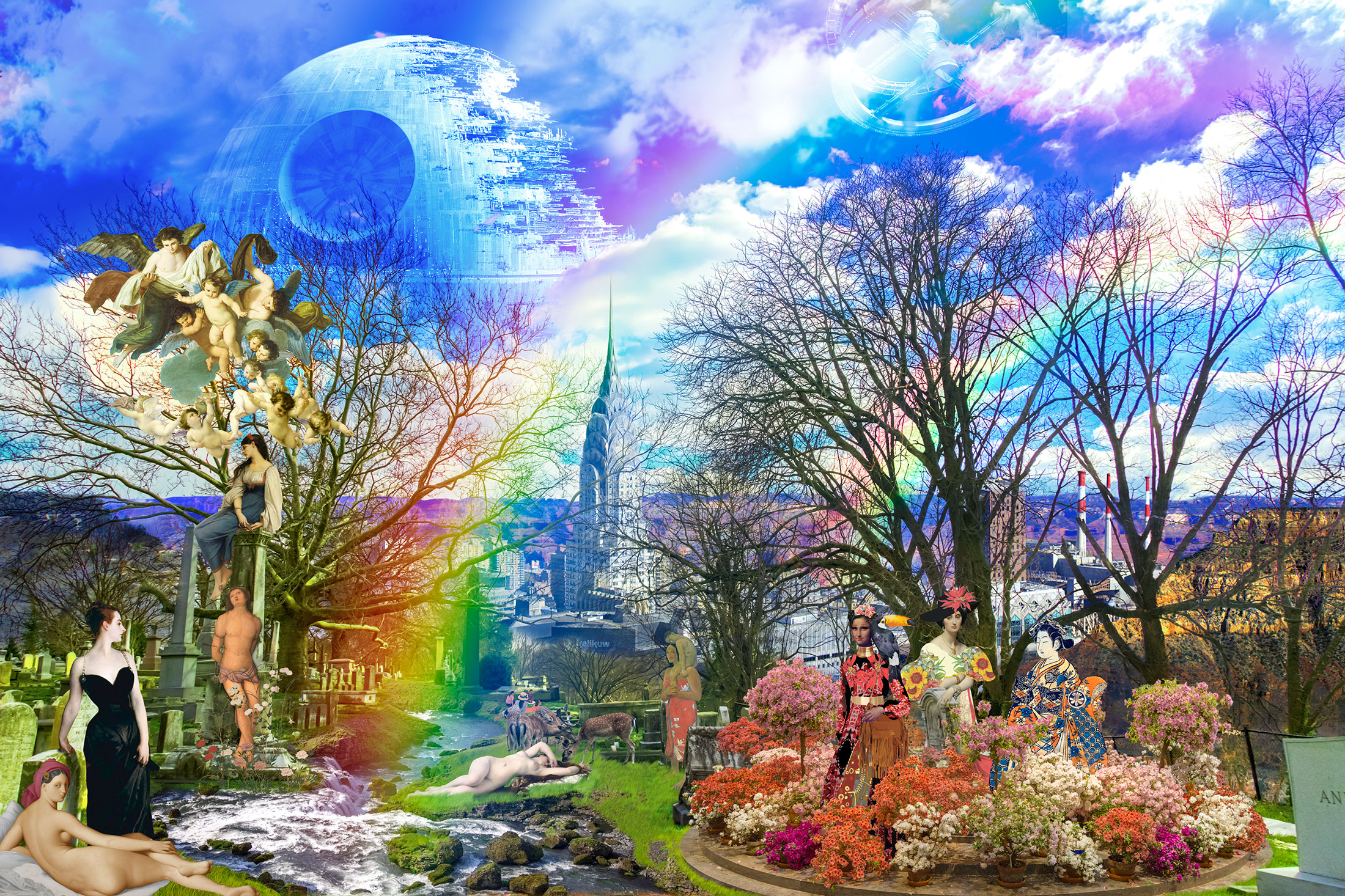 "The Perspective of the Magnificent Odyssey" is a large-scale collage that features public domain masterpieces, including works by Jean Auguste Dominique Ingres (Grande Odalisque, The Princesse de Broglie), Leonardo da Vinci (Mona Lisa), and Paul Gauguin (Ia Orana Maria). Each piece has been meticulously cut and placed to reimagine its contemporary setting, offering new appreciation.