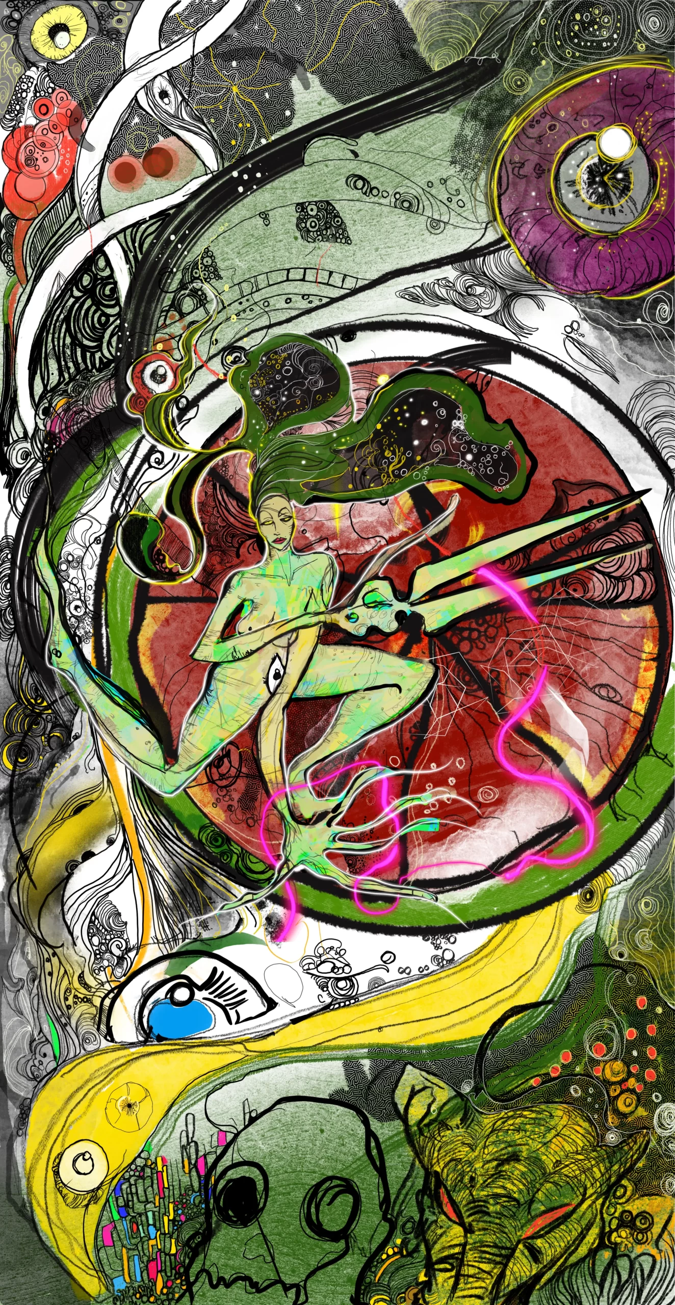 Illustration features colorful and elaborate of one of the sisters of fate, Atropos, The Cutter