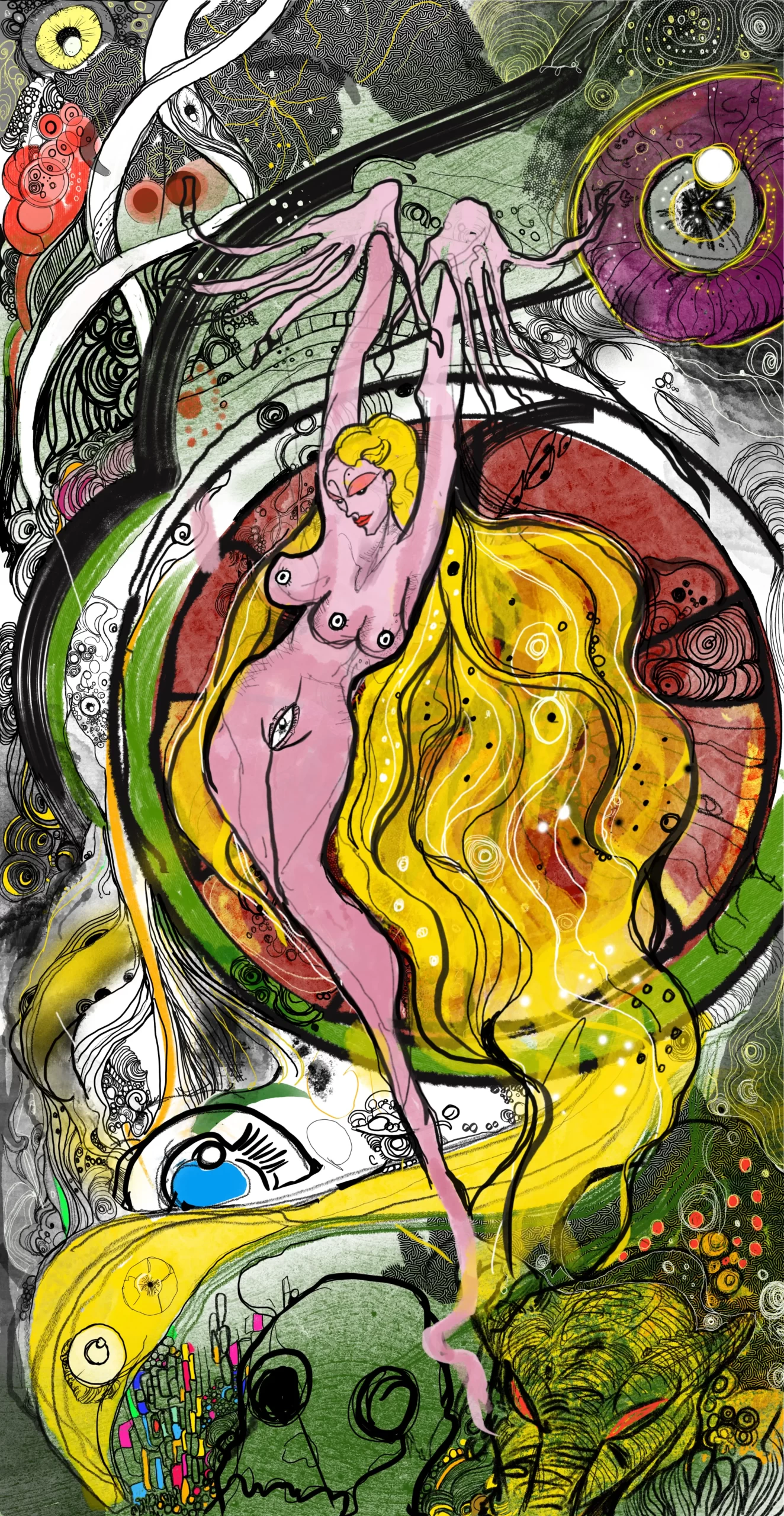 Illustration features colorful and elaborate of one of the sisters of fate, Lachesis, The Allotter