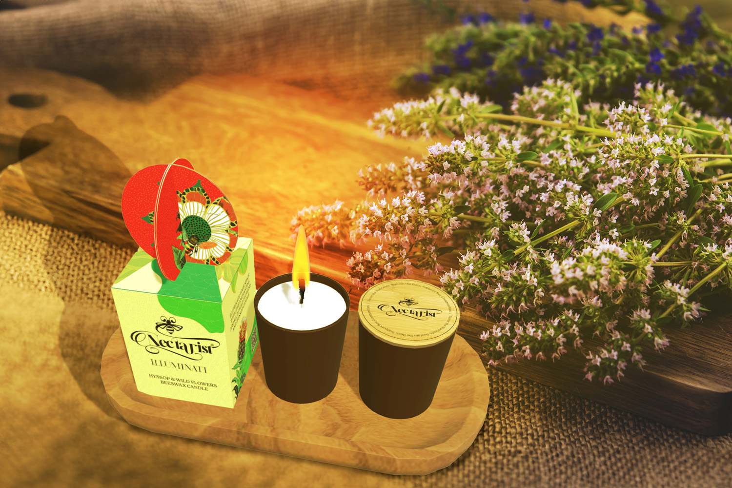 This 'Illuminati' candle is a refined addition to a larger project that supports locally-produced bee materials, extending commodities beyond honey to include candles, honey tea, honey beer, soap, and more. I not only designed the exquisite packaging but also crafted the actual candle using locally-sourced beeswax and essential oils derived from flowers that serve as a food source for native bees.