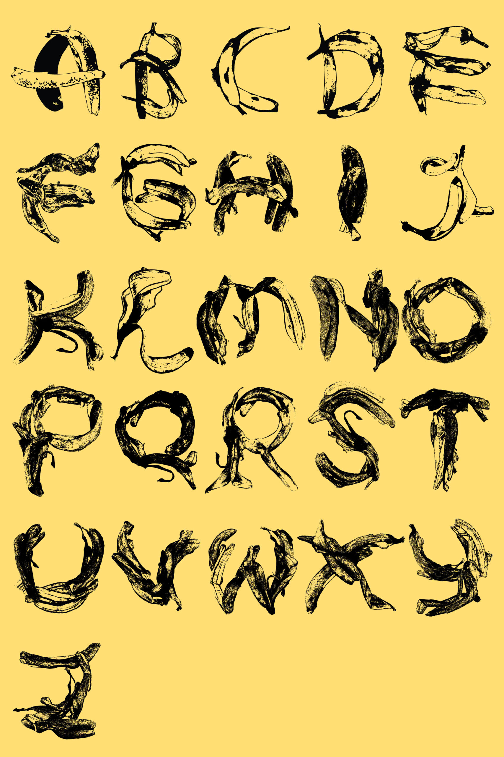 A creative poster showcasing the 26 English alphabets, each letter intricately crafted using banana peels.