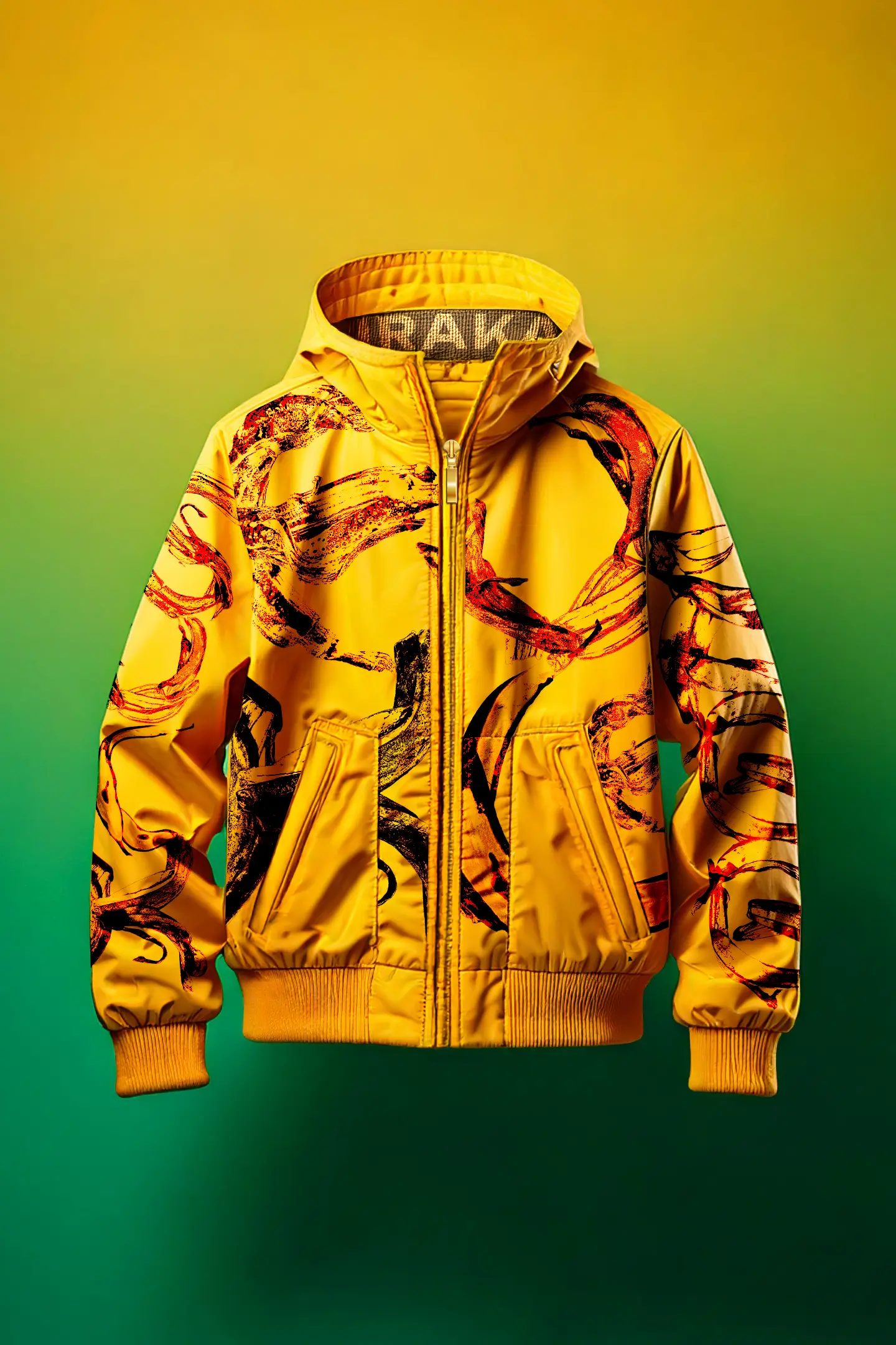 This mockup demonstrates how the banana peel font can be integrated into apparel design by printing on upcycled materials like PVC-coated heavy-duty vinyl. The jacket not only provides warmth for communities in extreme cold but also highlights the fusion of sustainable practices and the artistic potential of graphic design.
