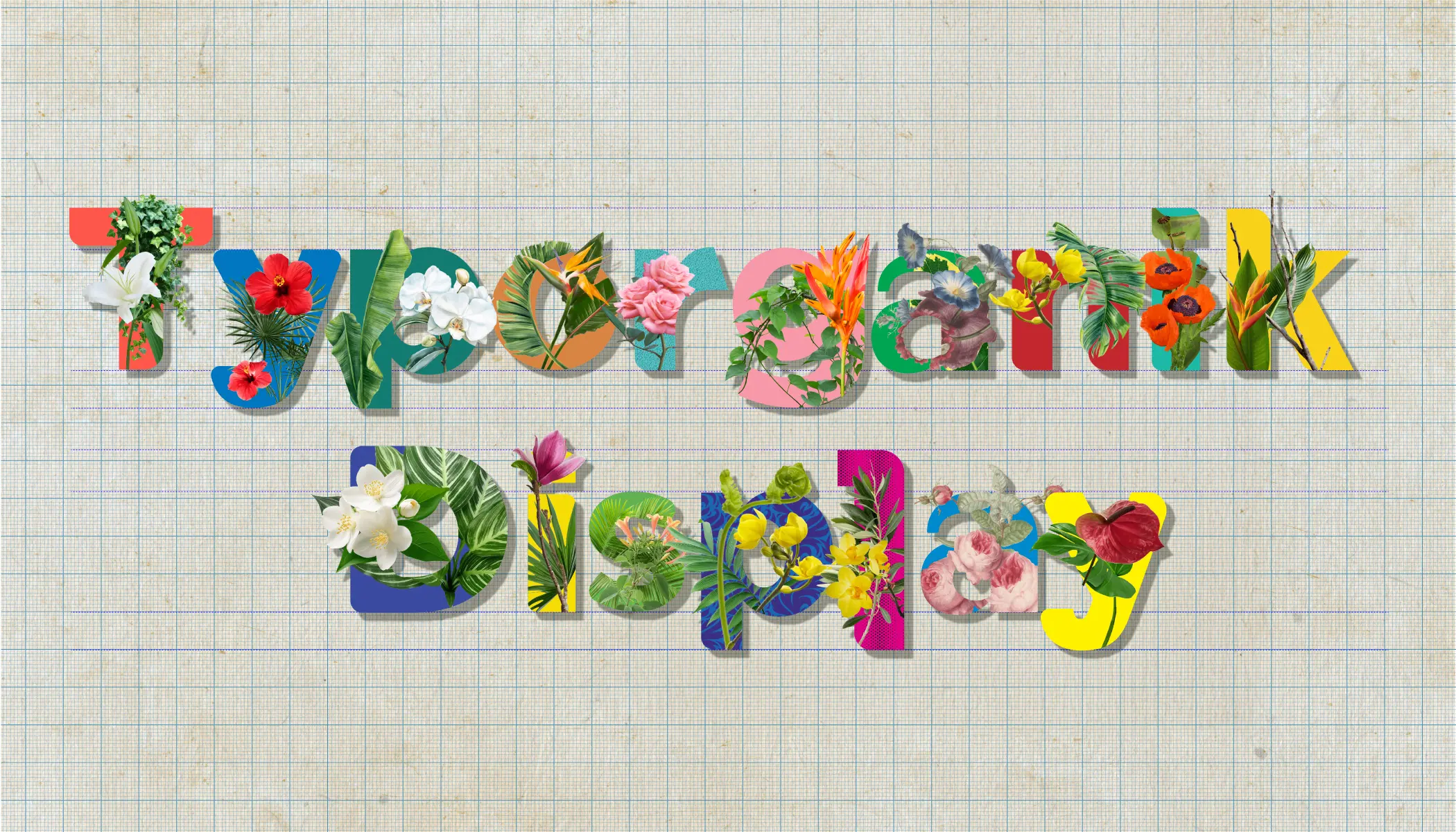 Typorganik Display typeface spelling 'Typorganik' in uppercase; each letter integrates Trompe-l'œil botanical elements, intertwined vines, layered foliage, and blooming forms, that embody the fusion of typography and organic growth, presenting the typeface’s name as a living manifesto.