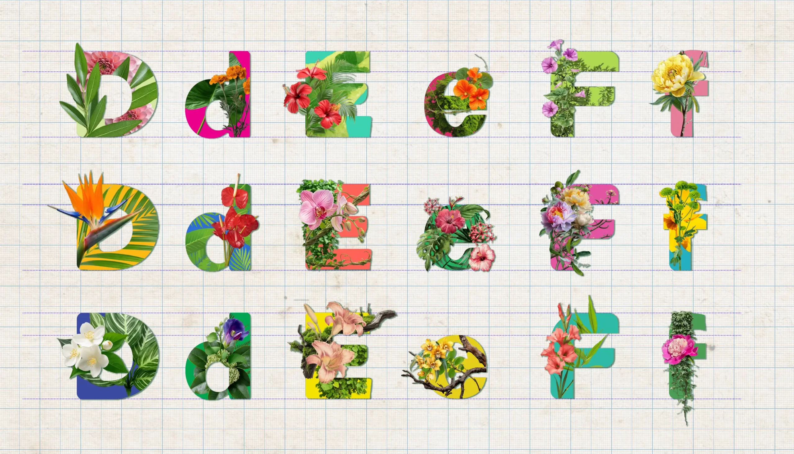 Typorganik Display typeface, letters D–F in uppercase and lowercase; 18 letters rendered with Trompe-l'œil effects, where botanical forms—leaves, stems, and blossoms—intertwine with and emerge from each letter.