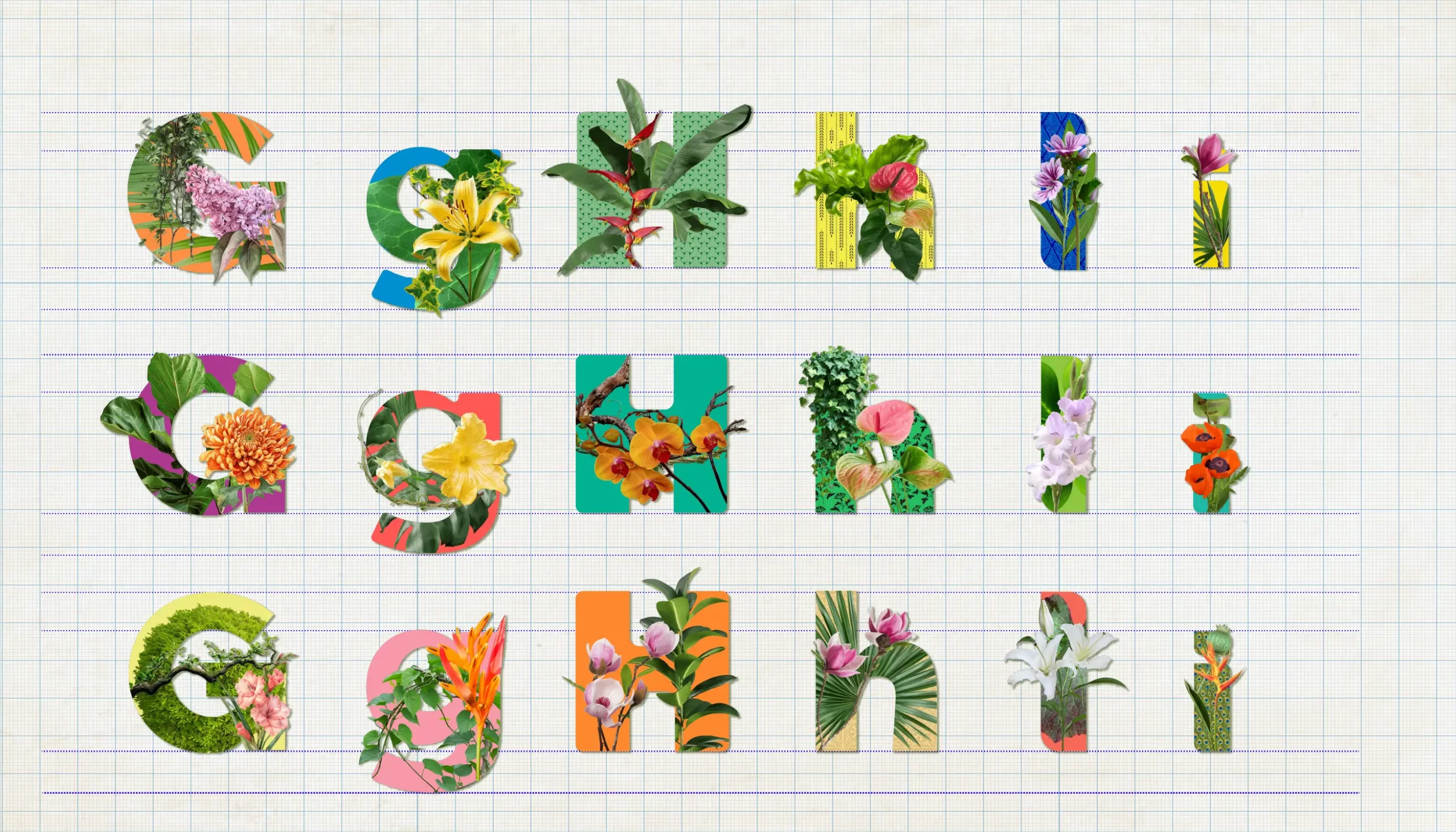 Typorganik Display typeface, letters G–I in uppercase and lowercase; 18 letters featuring Trompe-l'œil illusions with organic motifs—crawling branches, layered vines, and floral textures, blurring the boundary between letterform and living matter.