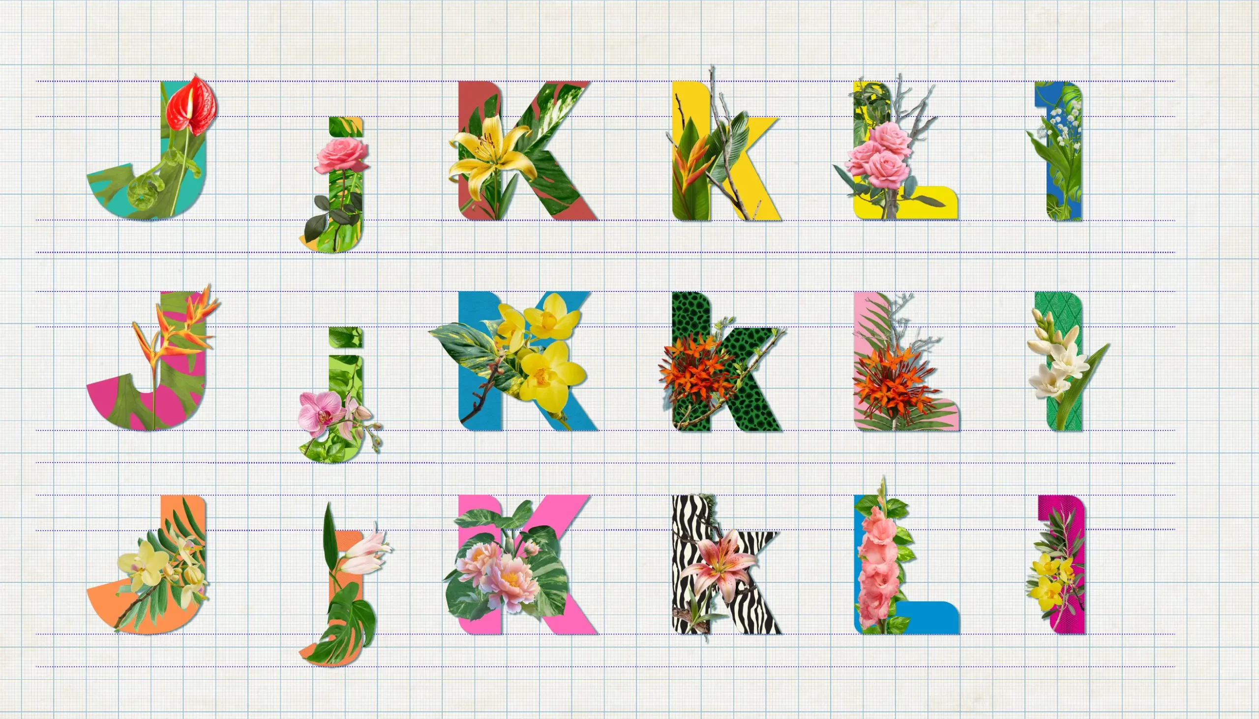 Typorganik Display typeface, letters J–L in uppercase and lowercase; 18 letters with Trompe-l'œil effects where botanical elements—twisting branches, blooming florals, and textured foliage—merge seamlessly with each letter’s structure, creating captivating froms.