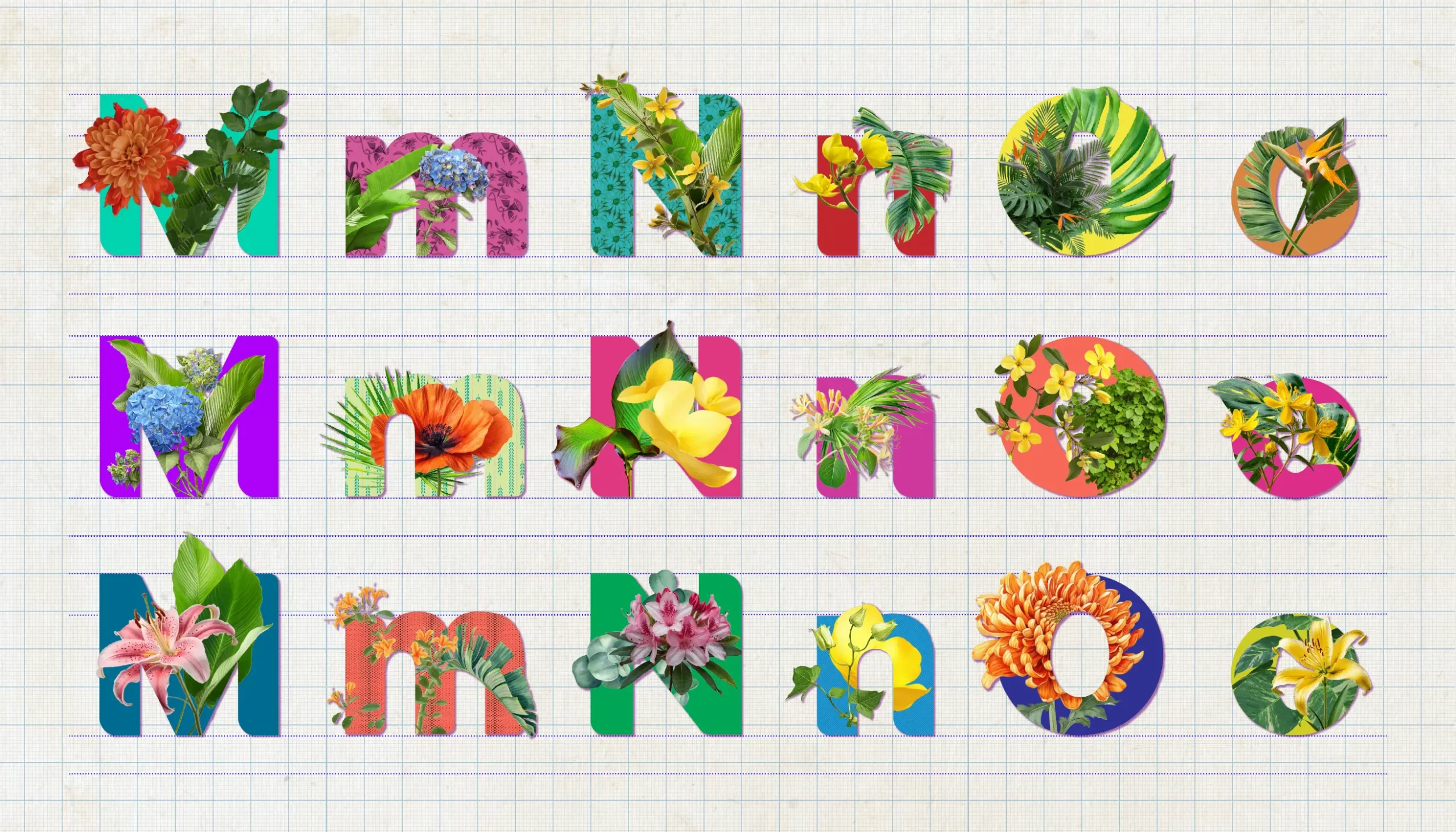 Typorganik Display typeface, letters M–O in uppercase and lowercase; 18 letters showcasing Trompe-l'œil techniques with lush organic details—lush leaves, crawling stems, and blooming flowers—that animate and give the typographic compositions to life.