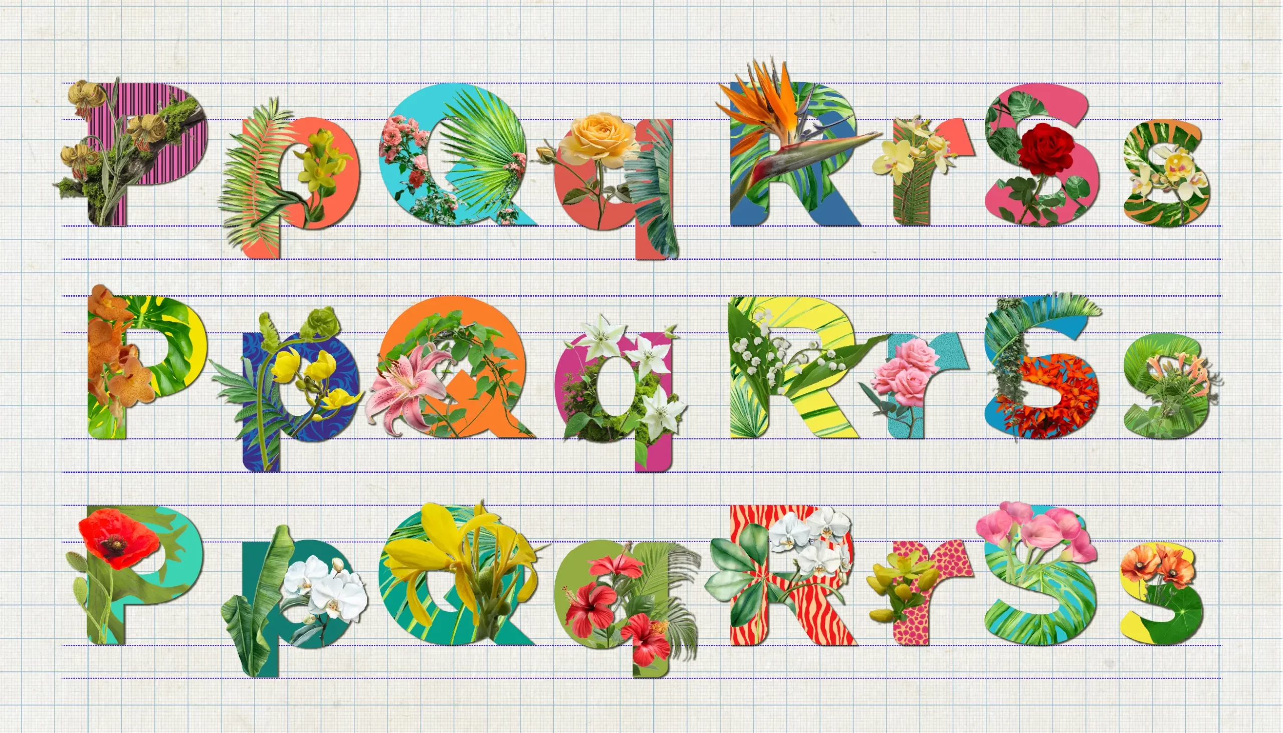 Typorganik Display typeface, letters P–S in uppercase and lowercase; 24 glyphs featuring Trompe-l'œil effects with surreal botanical growth, petal clusters, creeping vines, and textured overlays that disrupt and embellish the letterforms.