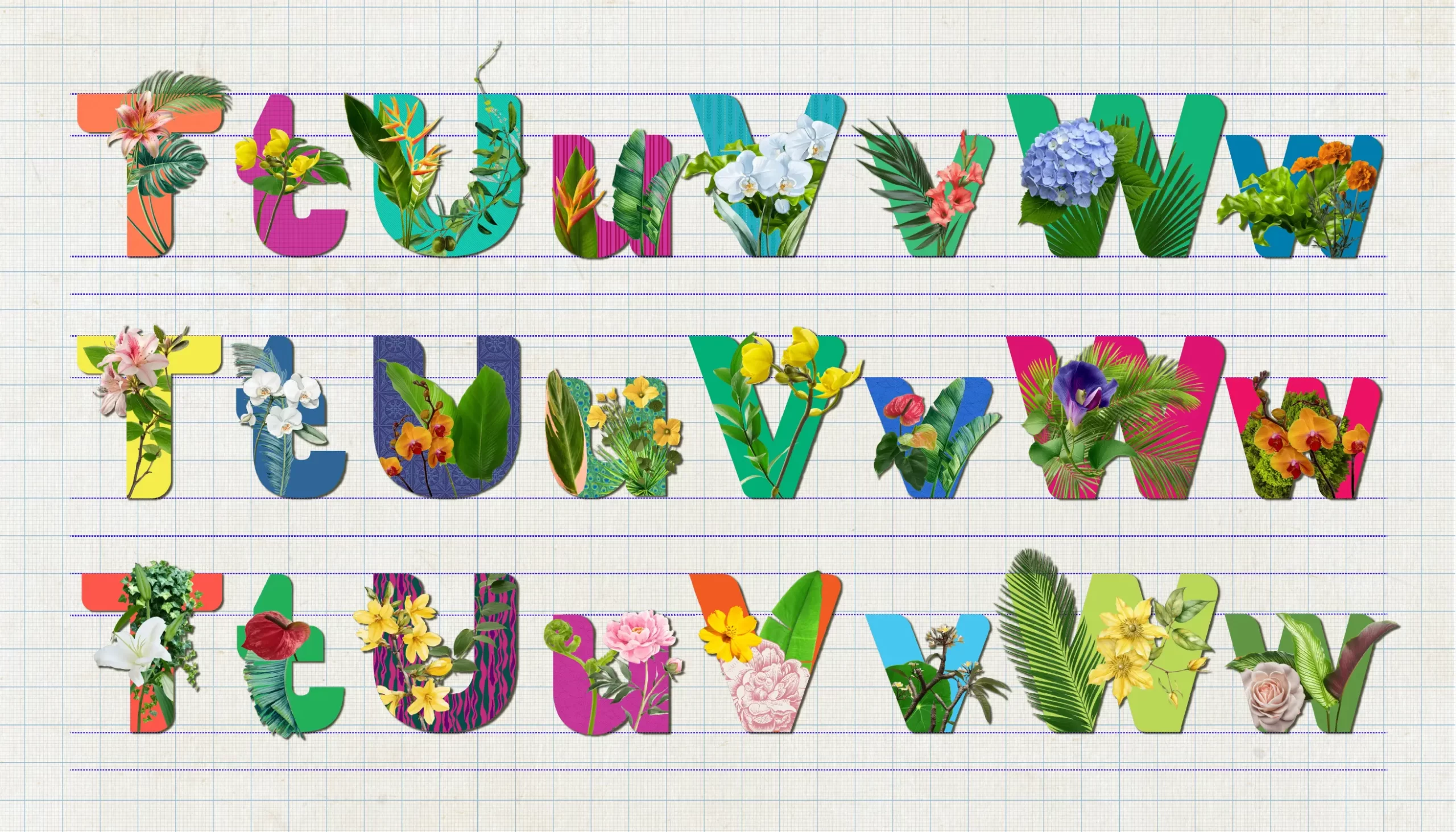 Typorganik Display typeface, letters T–W in uppercase and lowercase; 24 letters rendered with Trompe-l'œil illusions, where natural elements—branching stems, layered flora, and dramatic leaves—interlace with each character, creating depth and visual intrigue.