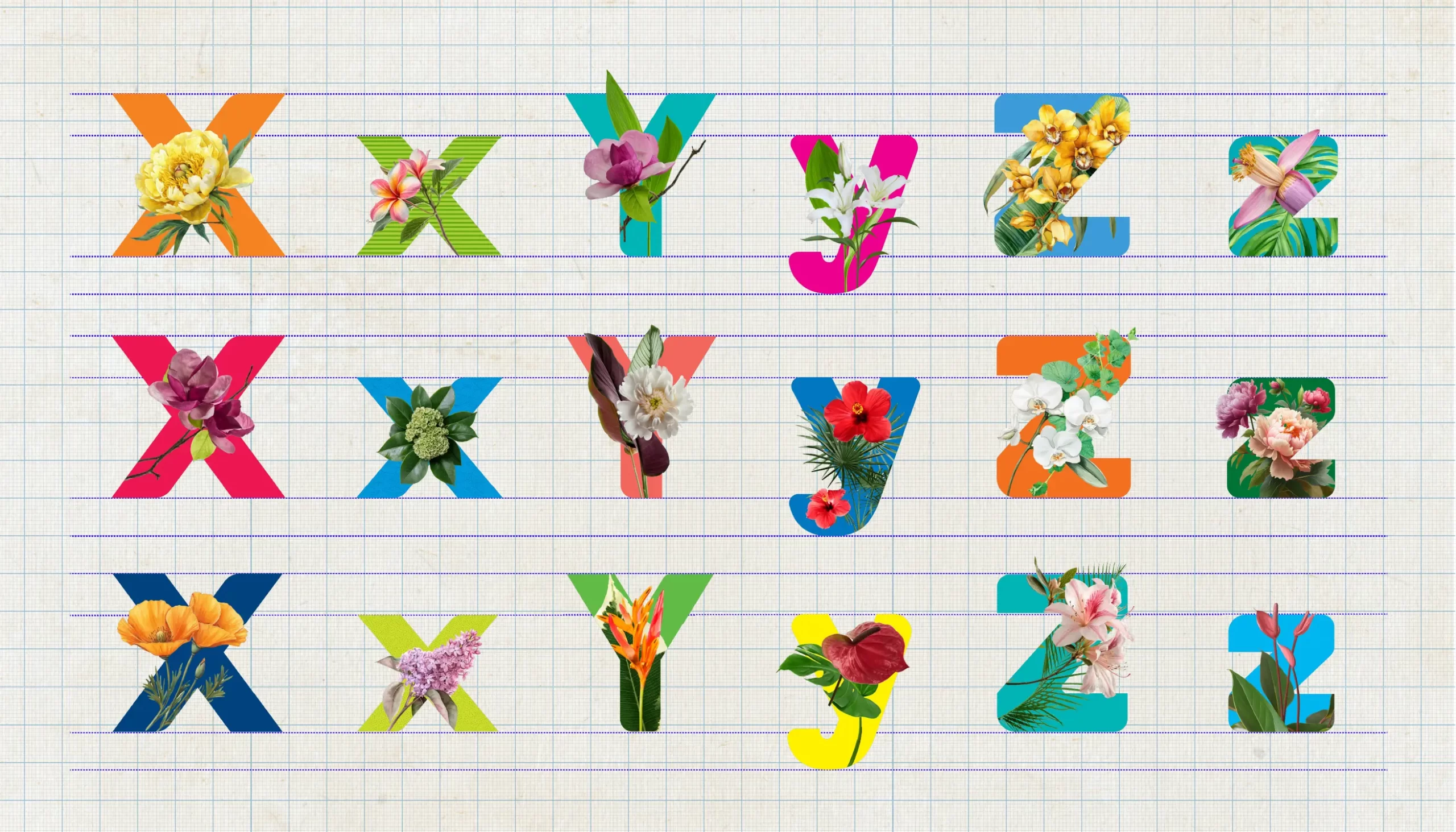 Typorganik Display typeface, letters X–Z in uppercase and lowercase; 18 letters featuring Trompe-l'œil effects with fantastical organic forms—sprawling leaves, lush foliage, and vivid colors—that transform each letter into a living sculpture.