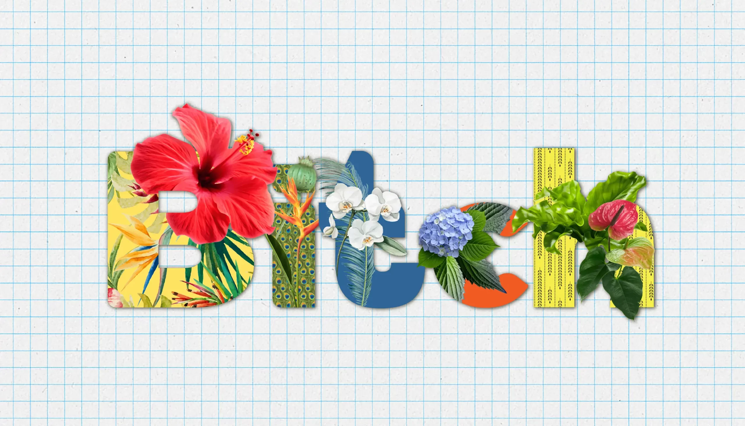 Typorganik Display typeface spelling 'Bitch' in uppercase and lowercase. Each letter features Trompe-l'œil botanical embellishments; hibiscus blooms bursting from the right top corner of the B, peacock feather patterns across the I, palm leave and orchids cluster on the t, hydrangea blooming around the c, and fern fronds entwining the h—creating a lush, cativating typographic artwork.