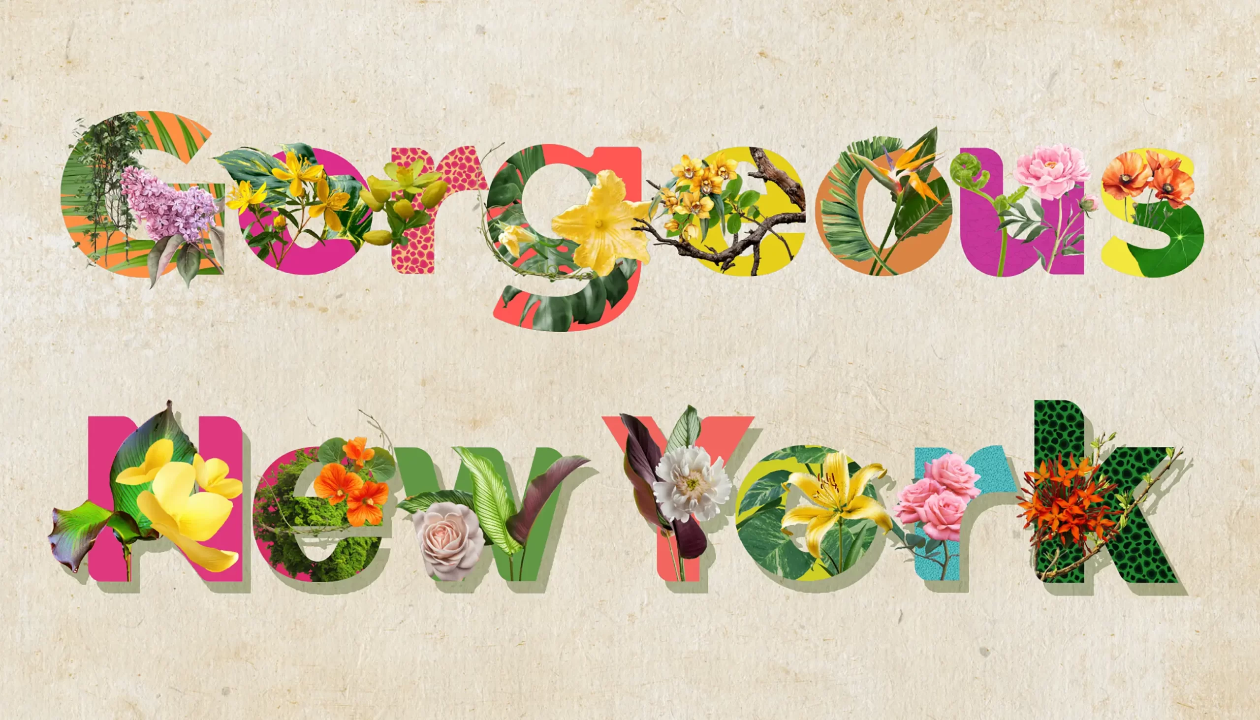 Typorganik Display typeface spelling 'Gorgeous' and 'New York' in uppercase and lowercase; each letter features Trompe-l'œil botanical and ornamental effects. 'Gorgeous' is adorned with cascading florals, iridescent textures, and layered organic forms that evoke opulence and dreamlike elegance. 'New York' merges urban flora with tropical rhythm—lush leaves, blooming petals, and radiant colors—blending nature in a surreal typographic landscape.