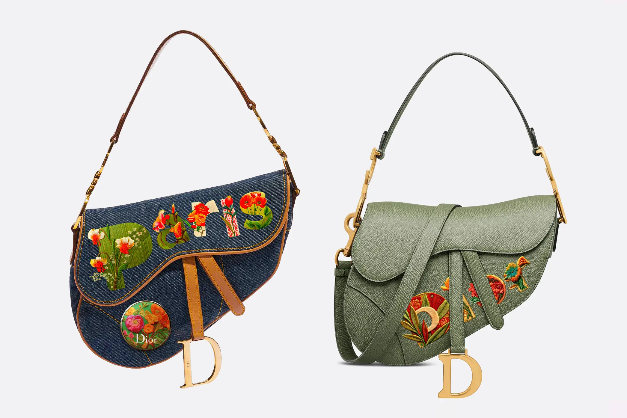 ior Saddle Bag with Strap in Cedar Green Grained Calfskin, featuring the word 'Dior' embroidered in Typorganik Display typeface with Trompe-l'œil Chinoiserie floral motifs. Dior Saddle Medium in Denim Blue with Strap, featuring the word 'Paris' embroidered in Typorganik Display typeface, pinned with with an enamel floral button that echoes the botanical embroidery.