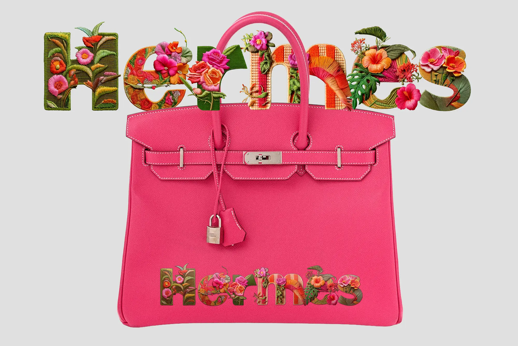 Hermès Epsom Birkin 35 in Rose Tyrien, featuring the word 'Hermès' embroidered in Typorganik Display typeface; Trompe-l'œil Chinoiserie floral motifs—vines, blossoms, and layered botanical textures—integrate with the letterforms, blending luxury craftsmanship with organic typography.