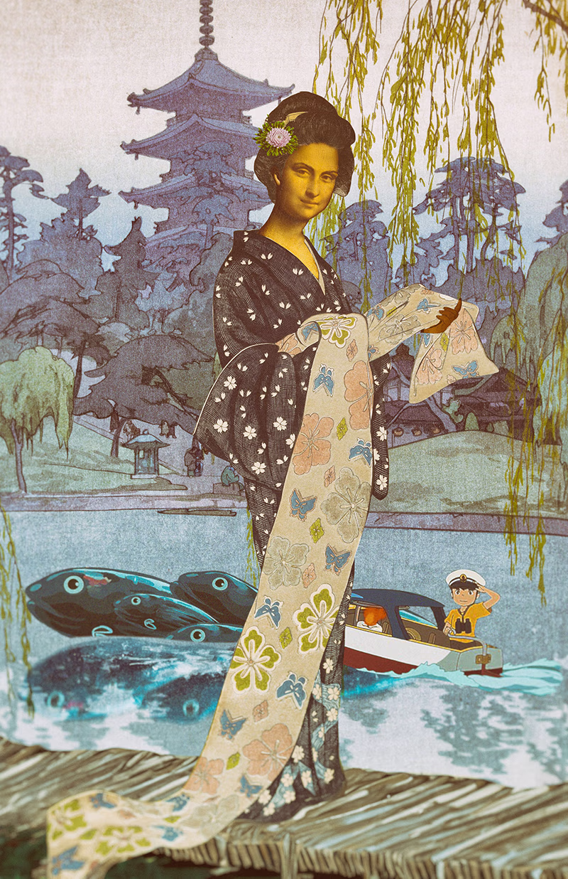 Mona Lisa in the blue kimono and Sosuke from Studio Ghibli's "Ponyo."