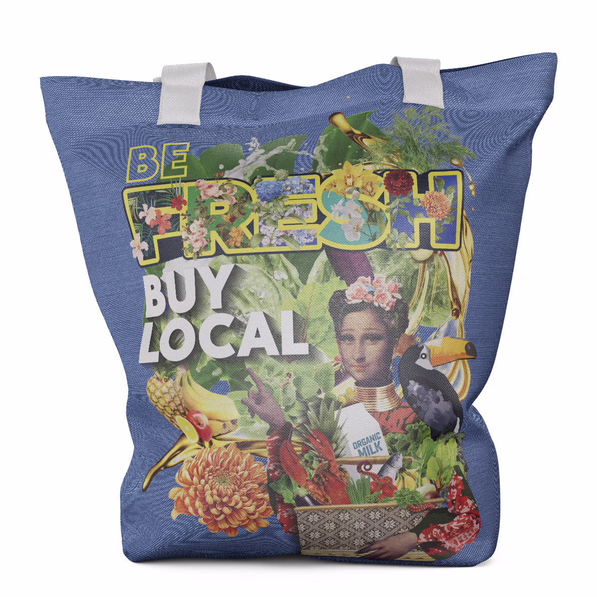 Denim tote bag featuring a vivid digital collage design: a reimagined Mona Lisa gestures toward the slogan “Be Fresh, Buy Local,” her basket overflowing with fruits and vegetables. The artwork, rendered in bright, saturated colors, promotes support for local markets and celebrates community nourishment.