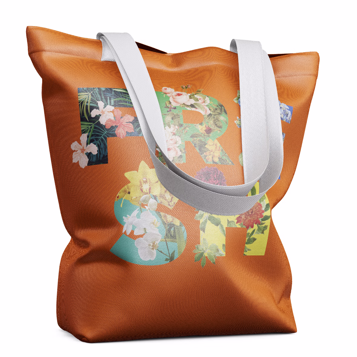 Orange cross‑stitched canvas tote bag featuring a vivid digital collage design: a reimagined Mona Lisa gestures toward the slogan “Be Fresh, Buy Local,” her basket overflowing with fruits and vegetables. The artwork, rendered in bright, saturated colors, promotes support for local markets and celebrates community nourishment.