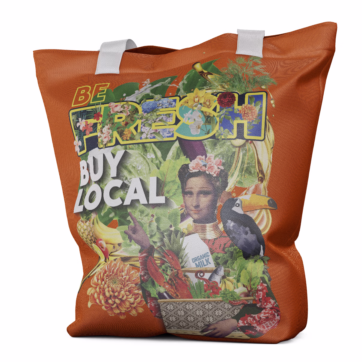 Orange cross‑stitched canvas tote bag featuring a vivid digital collage design: a reimagined Mona Lisa gestures toward the slogan “Be Fresh, Buy Local,” her basket overflowing with fruits and vegetables. The artwork, rendered in bright, saturated colors, promotes support for local markets and celebrates community nourishment.