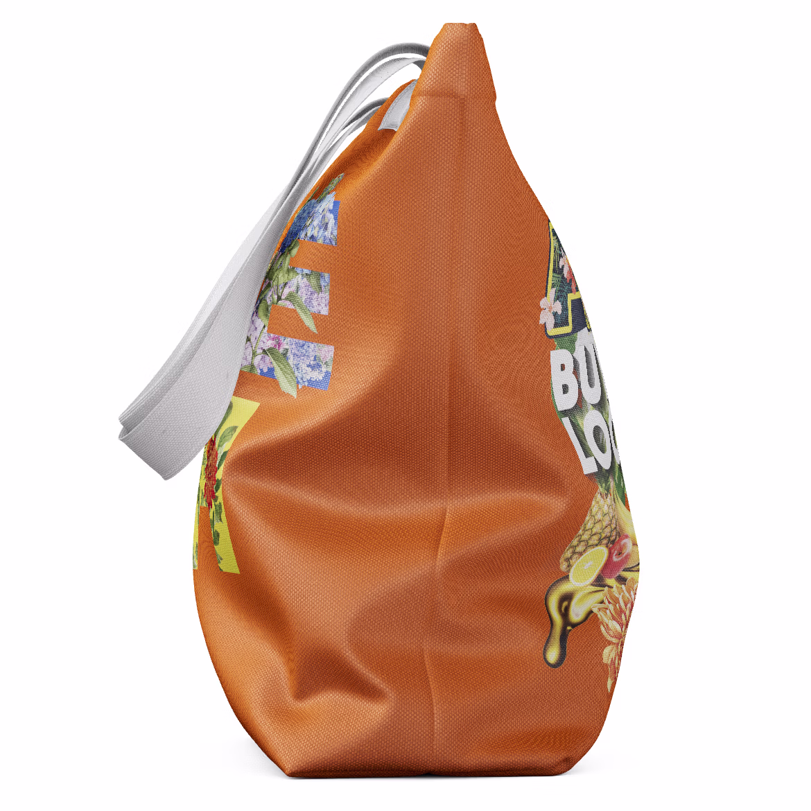 Orange cross‑stitched canvas tote bag featuring a vivid digital collage design: a reimagined Mona Lisa gestures toward the slogan “Be Fresh, Buy Local,” her basket overflowing with fruits and vegetables. The artwork, rendered in bright, saturated colors, promotes support for local markets and celebrates community nourishment.